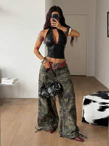 Coolane Women's Spring Streetwear Rave Outfit Party Hippie Punk Y2K Rivet Stretchy Black Halter Top - Black - View 2