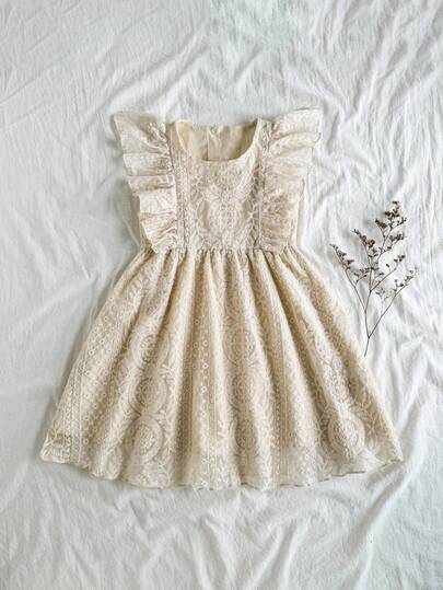 SHEIN Vintaside Kids Girls Apricot Sweet Dreamy Sleeveless Double Layer Mesh Dress, Round Neck Design, Lively & Cute, Lightweight & Flowing, Suitable For Outings, Photo Shoots, Birthday Parties To Display Princess Style, Comfortable & Stylish For Leisure Time At Home