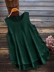Linhara Plus Size Women Solid Color Round Neck Casual Sleeveless Shirt - Dark Green - View 1