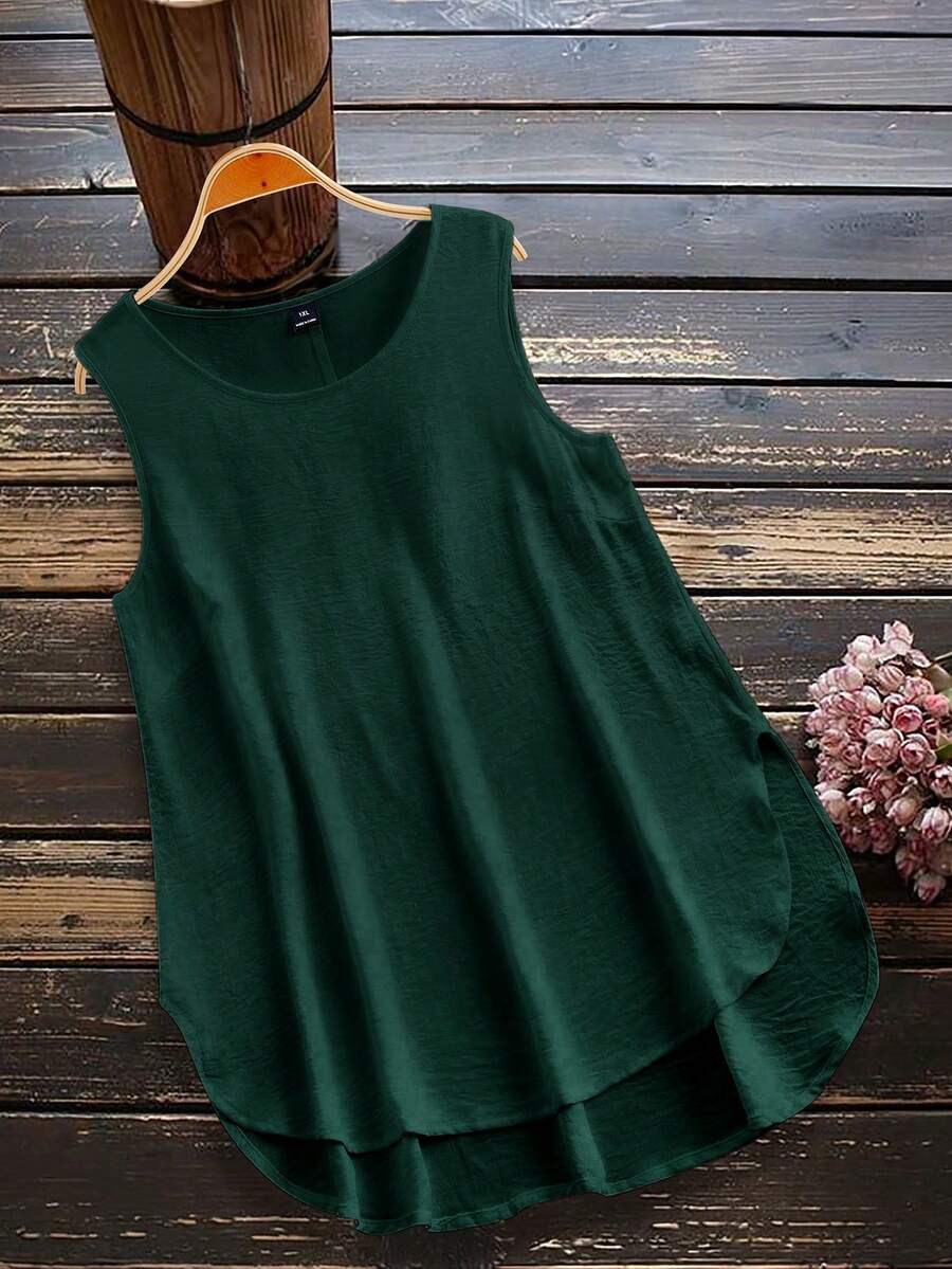 Linhara Plus Size Women Solid Color Round Neck Casual Sleeveless Shirt - Dark Green - View 1