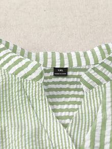 Linhara Plus Size Women's Colorblock Striped Print Patchwork Full Button Front Pocket Casual Short Sleeve Shirt - Green - View 3