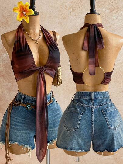 Soleia Blusa corta de halter con nudo delantero y efecto tie-dye para mujer de talla grande