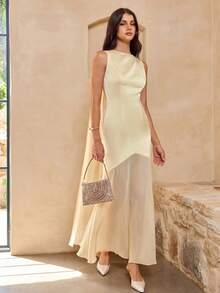 Enchnt Summer Romantic Women's Yellow Satin Backless Sleeveless Maxi Dress,Sweet&Elegant Dresses For Wedding, Vacation&Party&Date&Easter&Social&Going Out, Bridal Shower Dresses,Summer Outfit Women,Summer Dresses For Women - Light Yellow - View 1