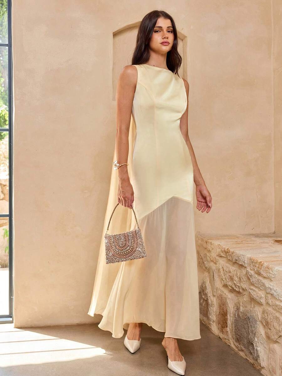 Enchnt Summer Romantic Women's Yellow Satin Backless Sleeveless Maxi Dress,Sweet&Elegant Dresses For Wedding, Vacation&Party&Date&Easter&Social&Going Out, Bridal Shower Dresses,Summer Outfit Women,Summer Dresses For Women - Light Yellow - View 1