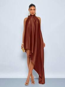 SOLERSUN Spring/Summer Women's Elegant Party/Wedding Glossy Fabric Sleeveless Asymmetrical Dress. - Brown - View 7