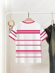 Resyla Camiseta de mujer de manga corta con cuello redondo, estampado de lazo a rayas y contraste de color - Rosa - Ver 2
