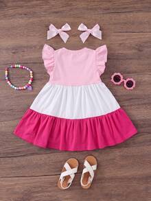 Emery Rose Kids Đầm dệt kim ôm sát, cổ tròn, viền bèo nhún, phối màu tương phản cho bé gái. - Màu Hồng baby - Xem 2