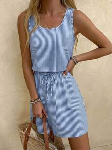 Easowa Blue Faux Mechanical Striped Casual Printed Mini Dress, Suitable For Spring/Summer & Vacation - Multicolor - View 8