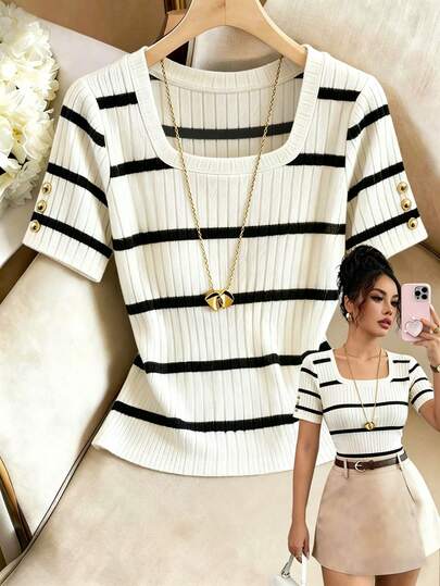 Airaco Elegant Square Neck Short Sleeve Fitted Black And White Striped Knit T-Shirt, Versatile Casual Daily Wear, Perfect For Summer Vacation, Women's Casual Top, Summer Top, Carnival Outfit, Black And White Short Sleeve T-Shirt. Fashionable Casual Commuter Outfit, Business Office Attire, Versatile Stylish Casual Wear, Professional Outfit For Urban Teachers