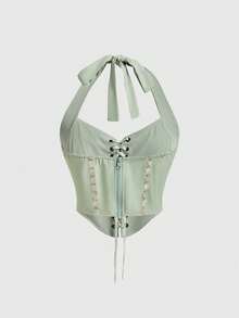 Sweetness Atasan Camisole Leher Halter dengan Tali Tenun Motif Bunga Pastel Seksi Romantis untuk Wanita, Cocok untuk Golf dan Musim Panas. - Hijau - View 7