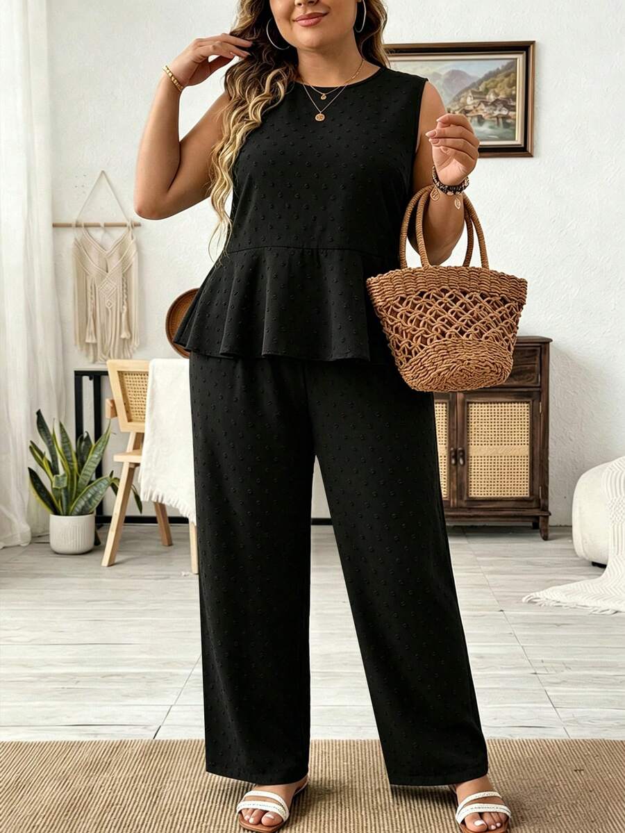 SHEIN LUNE Bộ 2 món dành cho nữ cỡ lớn, gồm áo tank top chấm bi có họa tiết, viền bèo nhún và quần ống rộng thoải mái. - màu đen - Xem 1
