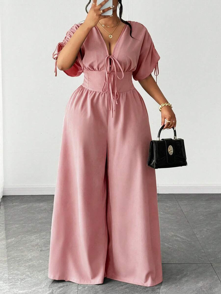 Maweii Mono elegante de manga corta con cuello en V y cordón ajustable para tallas grandes - Rosa vieja - Ver 1