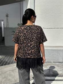 Muchica 大码女式豹纹蕾丝拼接休闲百搭日常短袖T恤 - 彩色 - 查看 2
