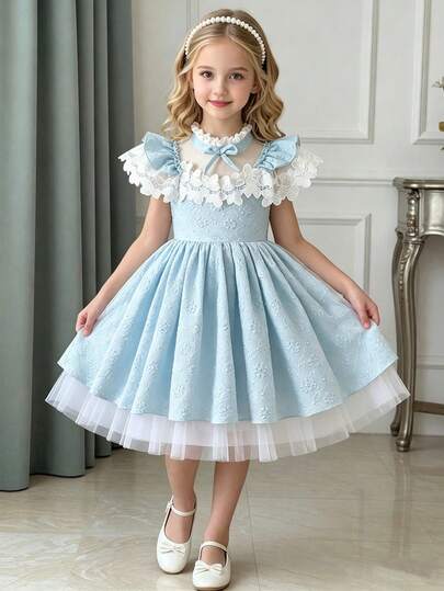 Glamorique Kids Đầm hoa lá màu xanh nhạt cho bé gái, đầm công chúa xếp tầng bồng bềnh, trang phục trẻ em cao cấp thanh lịch, thiết kế mới mùa hè.