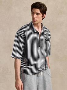 Courvante TOKUVE Herren Casual Poloshirt, Schwarz, Jung & Modisch mit Reißverschluss-Leiste, Minimalistisches gestreiftes Material, Inspiriert von Ins, Geschenk oder Freund - Schwarz - Übersicht 4