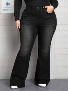 SHEIN CURVE+ Jeans évasés en jean décontracté polyvalent avec poches pour femmes grandes tailles - Noir - Voir 1