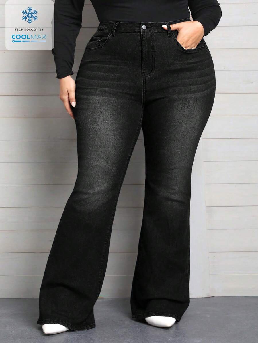 SHEIN CURVE+ Jeans évasés en jean décontracté polyvalent avec poches pour femmes grandes tailles - Noir - Voir 1