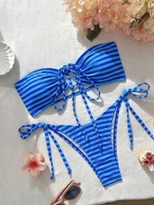 Swim Mod Conjunto de bikini de dos piezas con estampado tropical a rayas para mujer, ropa casual de resort - Multicolor - Ver 2