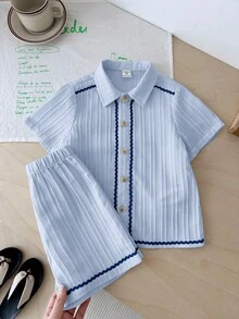LMoss Kids Bộ 2 món áo sơ mi và quần short dệt kim thường ngày cho bé trai - Màu xanh nhạt - Xem 6