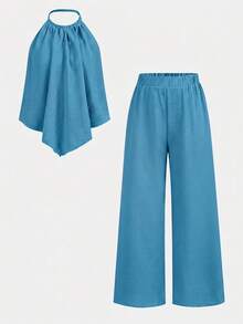 SHEIN 2pcs/Set Teen Girls Loose Halter Neck Tank Top + Long Pants Suit,Summer,Vacation,Holiday Fashionable Casual Versatile Outfit For Party,Sister Photo - Blue - View 11