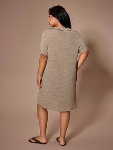 Lazeform Plus Size Women's Khaki V-Neck Open Front Ruffle Trim Knit Dress, Cozy Fleece Fabric Short Sleeve Casual Loungewear/Sleepwear - Khaki - View 3