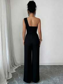 Elenzga Women's Metal Waist Design One-Shoulder Jumpsuit - Black - View 2