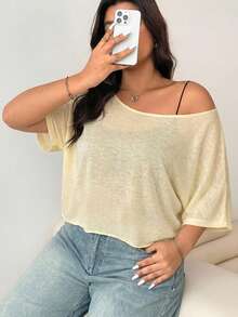 Solflare 大码女式夏季休闲通勤简约度假风不对称领宽松芥末黄T恤 - 鵝黃色 - 查看 7