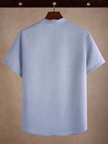 Core Aspect 2026 Spring/Summer Men's Light Blue Linen Blend Henley Shirt, Short Sleeve Mandarin Collar Loose Fit Casual Top With Chest Pocket For Daily Wear & Vacation - Blue - View 2