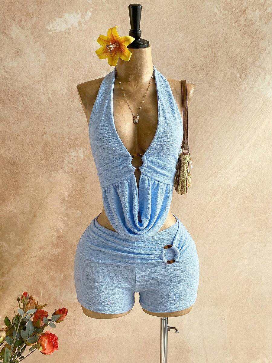 Soleia Women's Solid Color Ring Connected Halter Top And Shorts 2 Pieces Set, Vacation,Vacation Outfits Women - Baby Blue - View 1
