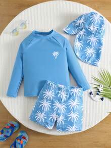 SHEIN 三件套包括：儿童/男童夏季休闲度假长袖泳衣、泳裤、防晒帽，适合海滩、水疗中心、游泳池等场所穿着。 - 彩色 - 查看 1