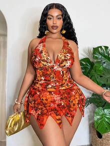 Slaydiva Maillot de bain grande taille Printemps/Été 2026, imprimé floral et feuillage coloré, col en V profond, côtés froncés, bordure en maille, taille haute. Tenue sexy pour la plage et la piscine en vacances - Multicolore - Voir 4