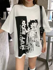 DAZY 女款卡通印花圓領落肩休閒寬鬆大尺寸夏季圖案T恤 - 白色 - 查看 4