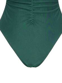 Swim Oasis 2pcs/Set Sexy Solid Color V-Neck Ruched Spaghetti Strap Bandeau One-Piece Swimsuit & Front Twist Split Beach Dress Set - Green - View 4