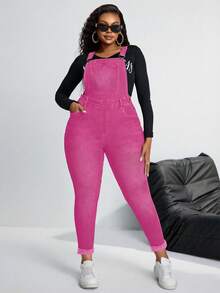SHEIN SXY Plus Size Women Pocket Distressed Skinny Casual Bib Overall Jumpsuit - Pink - View 3
