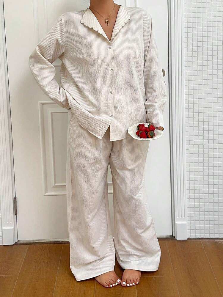 Dazy Plus Striped Textured Fabric Embroidered Ruffle Collar Petal Sleeve Top & Long Pants Plus Size Women Spring/Summer Pajama Set