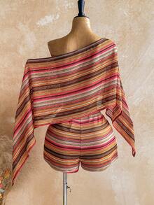 Soleia Plus Size Women Orange Asymmetrical Shoulder Top And Shorts 2 Pieces Set Autumn Boho Vacation Holiday Music Festival Summer Spring Outfit Beach - Multicolor - View 3