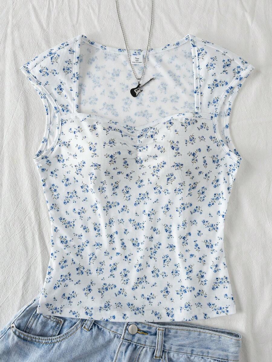 SHEIN Áo tank top cổ tim họa tiết hoa nhí màu xanh dương cho bé gái, nhẹ nhàng, thích hợp mặc mùa hè. - Màu xanh lam - Xem 1