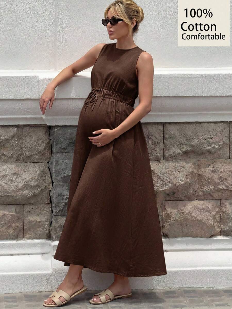 MaterniWear 孕妇夏季休闲纯色无袖连衣裙 - 咖啡棕 - 查看 1