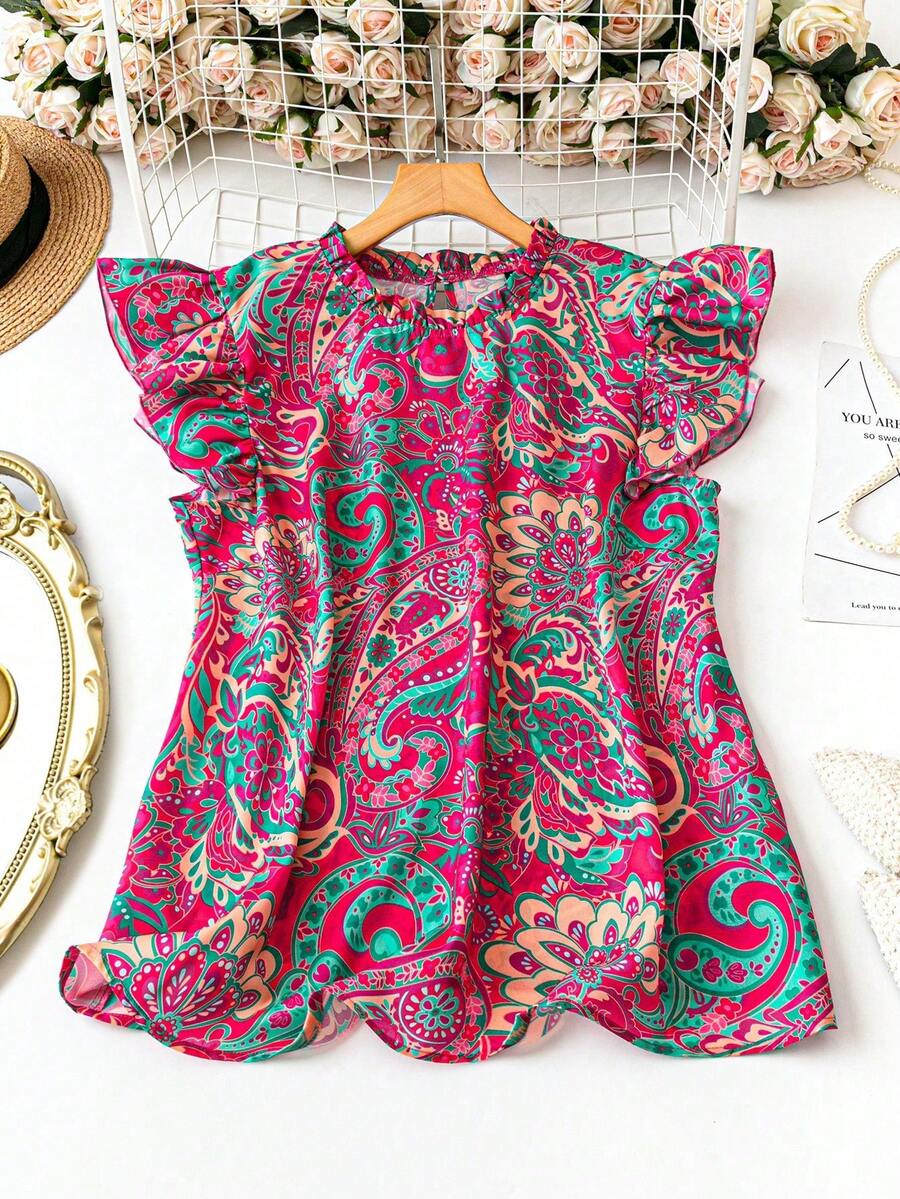 EMERY ROSE Blusa holgada con cuello de volantes, mangas cortas y estampado floral pequeño, elegante y dulce, adecuada para vacaciones y uso diario, tallas grandes para mujeres - Rojo - Ver 1