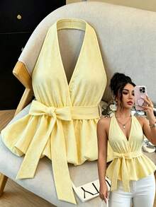 GlowEve Europäisch-amerikanischer Stil Damen Gewebe Nicht-Stretch Strukturierter Jacquard Neckholder Taillenschmeichelnde Ärmelloser Plissee Bluse, Gelb, Elegante Dame - Verschiedenfarbig - Übersicht 6