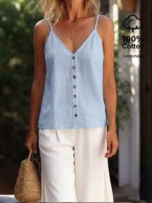 Women's Casual Solid Color Button Decor Camisole Top, Summer - Blue - View 3