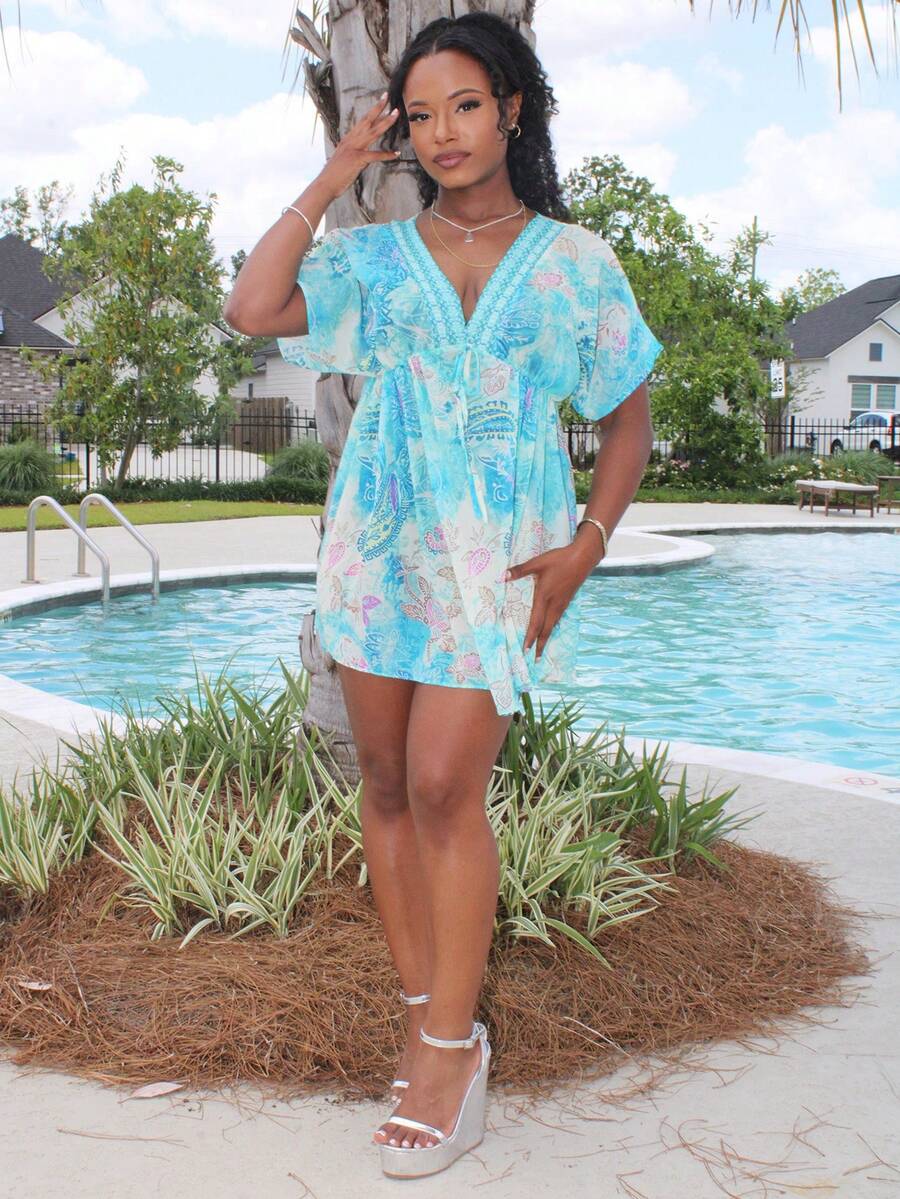 Steph T Women's Summer Casual/Vacation Paisley Print Chiffon Batwing Sleeve Mini Dress, Versatile Daily Wear - Multicolor - View 1
