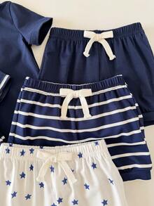 Bộ 6 món cho bé sơ sinh trai/gái, áo liền quần ngắn tay kẻ sọc xanh dương dễ thương và quần short, thích hợp mặc ở nhà và ngoài trời, mùa hè. - Màu xanh lam - Xem 6