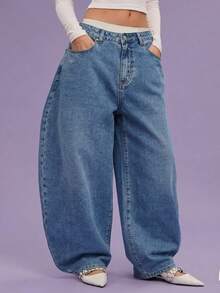 COUREZ 低腰宽松牛仔裤，浅蓝色水洗，街头休闲，Y2K风格，休闲音乐节风格，棉质牛仔布，复古棉质 - 淺藍色 - 查看 5