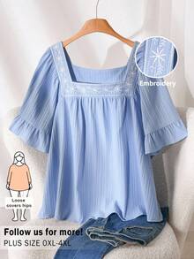 SHEIN Cosyjoi 大码女式方领刺绣荷叶袖纹理面料蓝色衬衫，休闲大码衬衫，春夏新品 - 淺藍色 - 查看 5