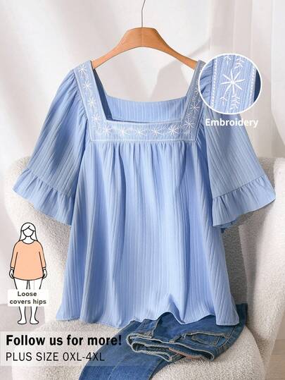 CosyJoli 大码女式方领刺绣荷叶袖纹理面料蓝色衬衫，休闲大码衬衫，春夏新品