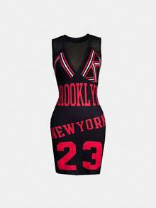 Gowayae Đầm mini ôm sát không tay 2 trong 1, cổ tròn, chất liệu lưới xuyên thấu, in chữ và số, kiểu dáng thường ngày, thích hợp cho mùa xuân và hè. Đầm in họa tiết màu đỏ thời trang. - màu đen - Xem 3