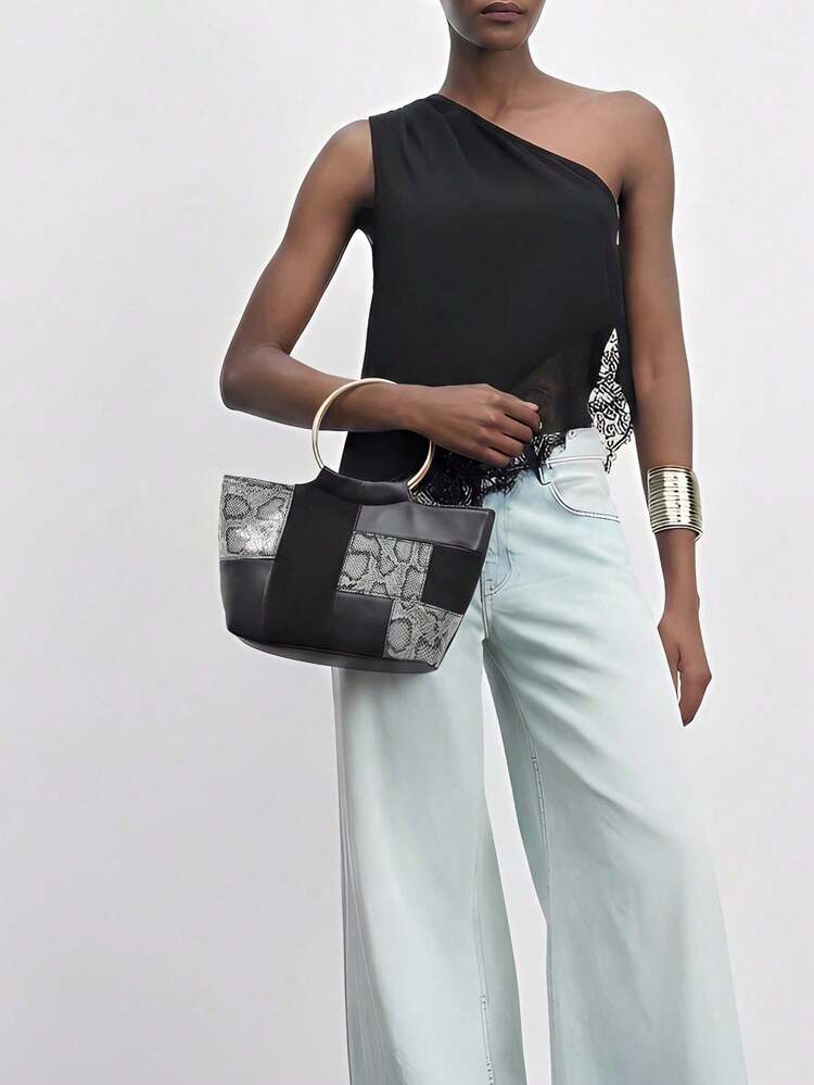 SHEIN Maija Ladies, Women Top Handle Bags, Retro, Vintage, Hardware Handle, PU Splicing, Fashionable, Elegant, Simple, Personalized, Versatile, Classic, For Commute, Office, Date, Daily, Shopping, Afternoon Tea