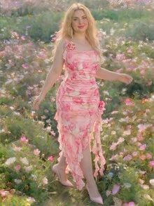 SHEIN MOD Plus Size Women's Pink Floral Summer Elegant Wedding Ninang Dress, Rose Print Corset Rouche Dress For Birthday,Valentine's Day & Events - Multicolor - View 1