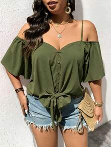 EMERY ROSE Fashionable Casual Retro V-Neck Off-Shoulder Tie-Up Shirt - Olive Green - View 4